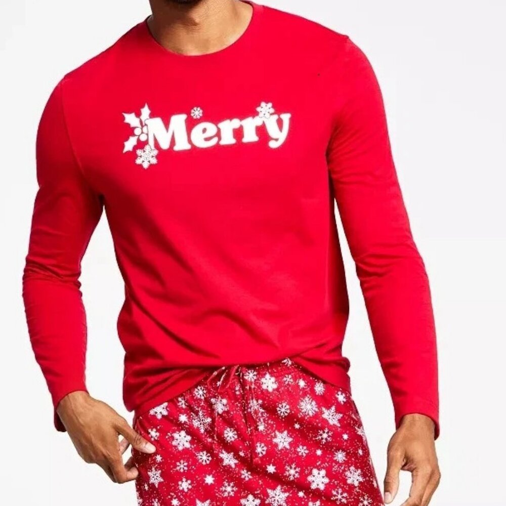 Family Pajamas Men's Knit Crew-Neck Pajama Top, Red Merry Christmas, Medium